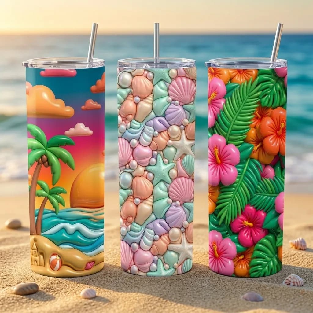 3D Inflated Beach Tumbler Wraps โ 10 Designs for 20oz Skinny Tumblers