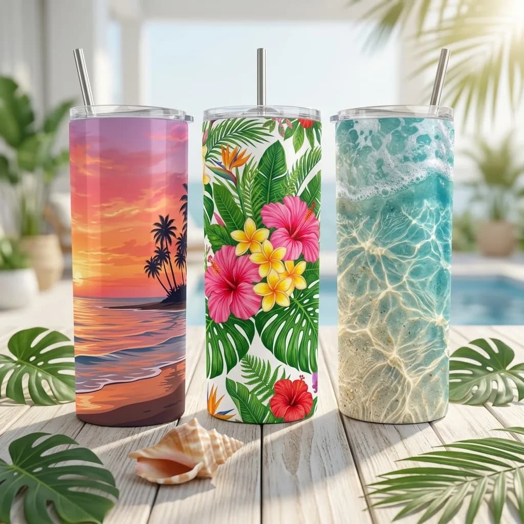 Summer Beach Vibes Tumbler Wraps โ 10 Designs for 20oz Skinny Tumblers